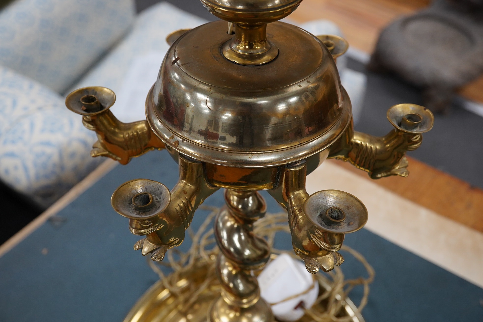 A 19th century style brass two light table lamp with metal shade, 83cm high. Condition - fair